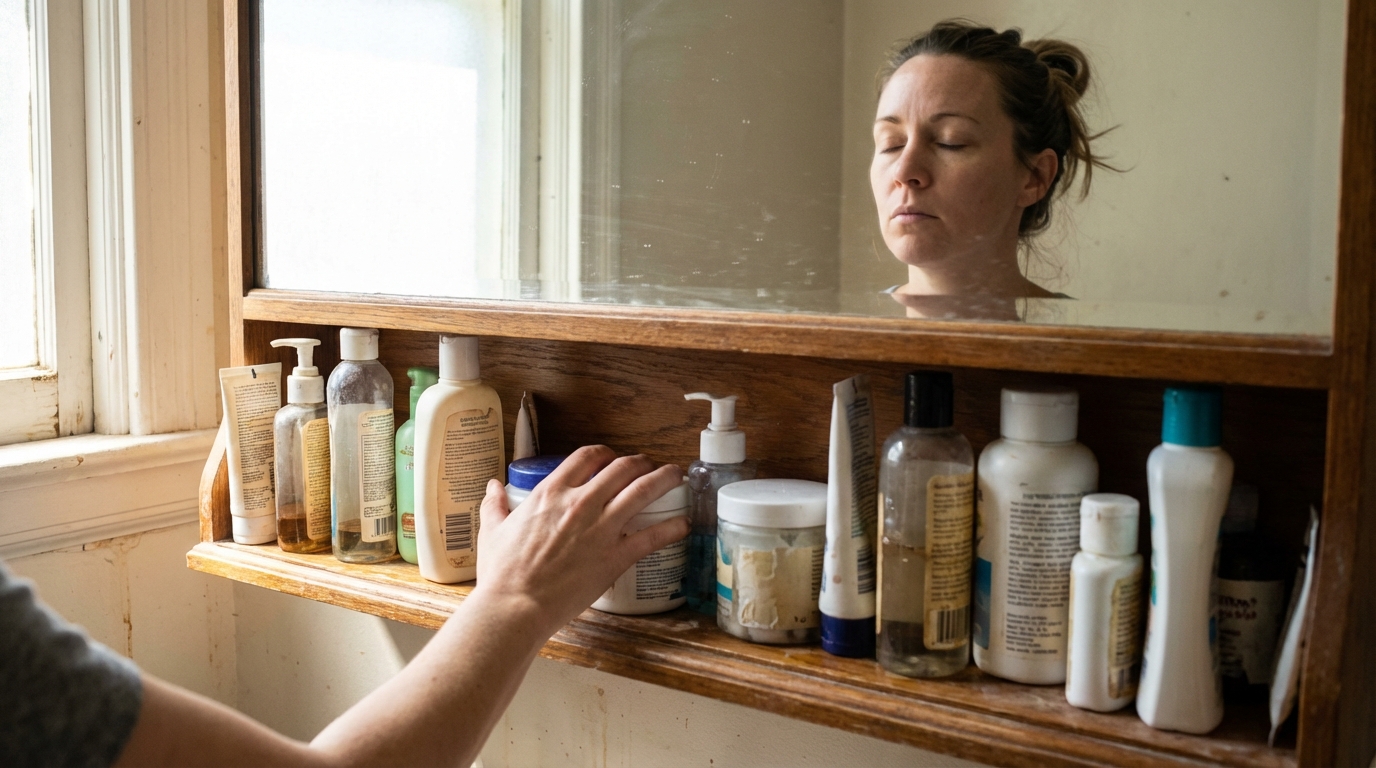 Woman clearing cluttered supplement bottles on a bathroom shelf