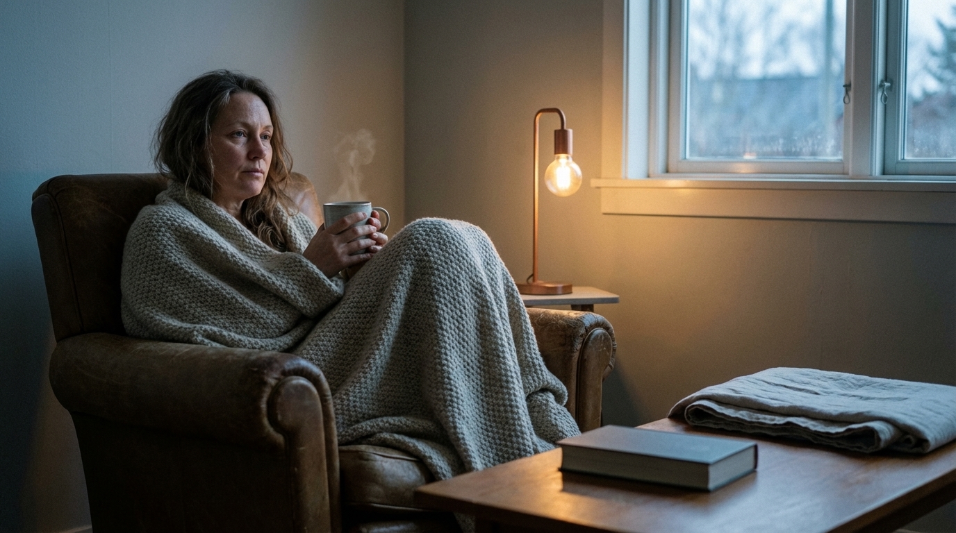 Woman wrapped in a blanket holding a warm mug in a quiet pre-dawn room