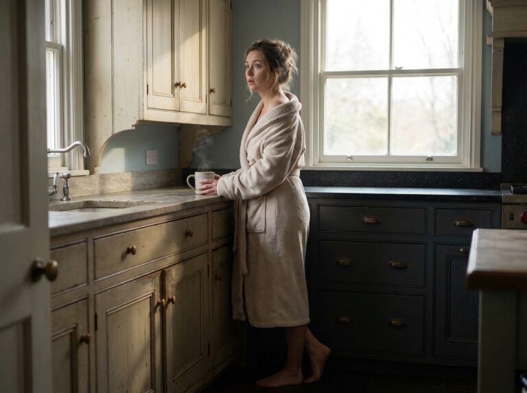 Woman in soft dawn light holding coffee in a calm kitchen before the day begins