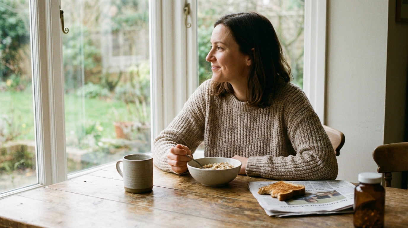 Woman eating breakfast calmly by a window