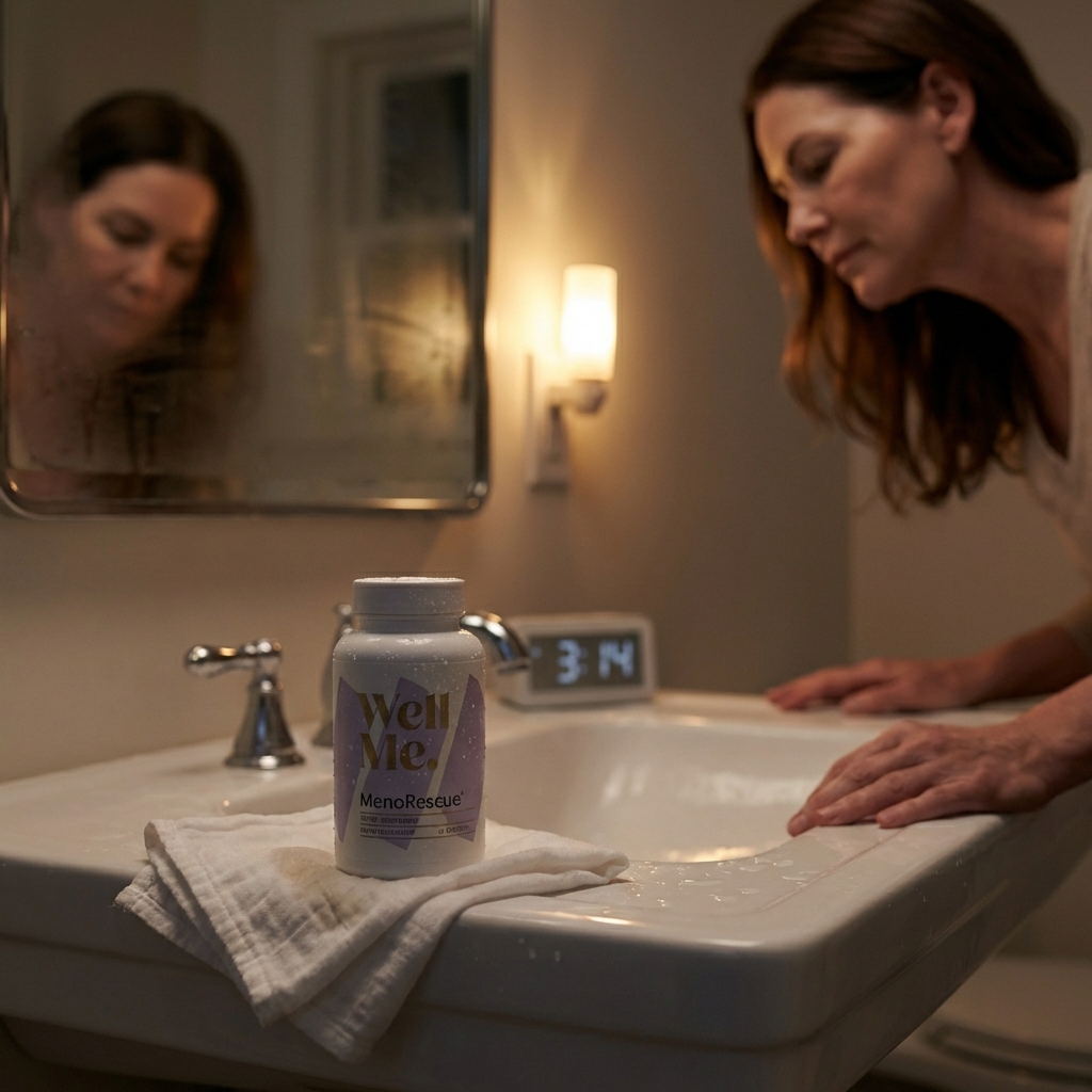 MenoRescue bottle in focus by bathroom sink at night