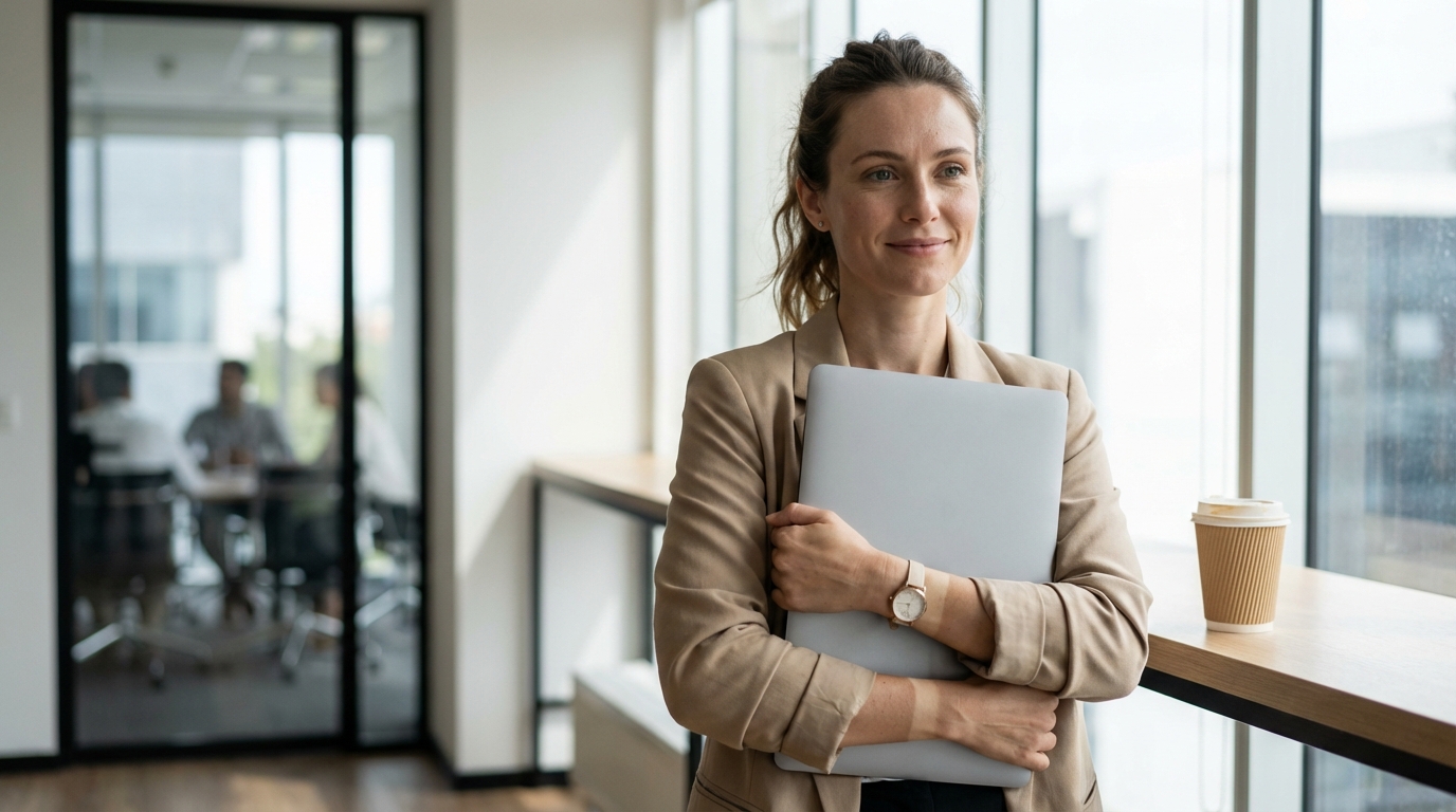 Woman holding a laptop forcing a polite smile outside a meeting