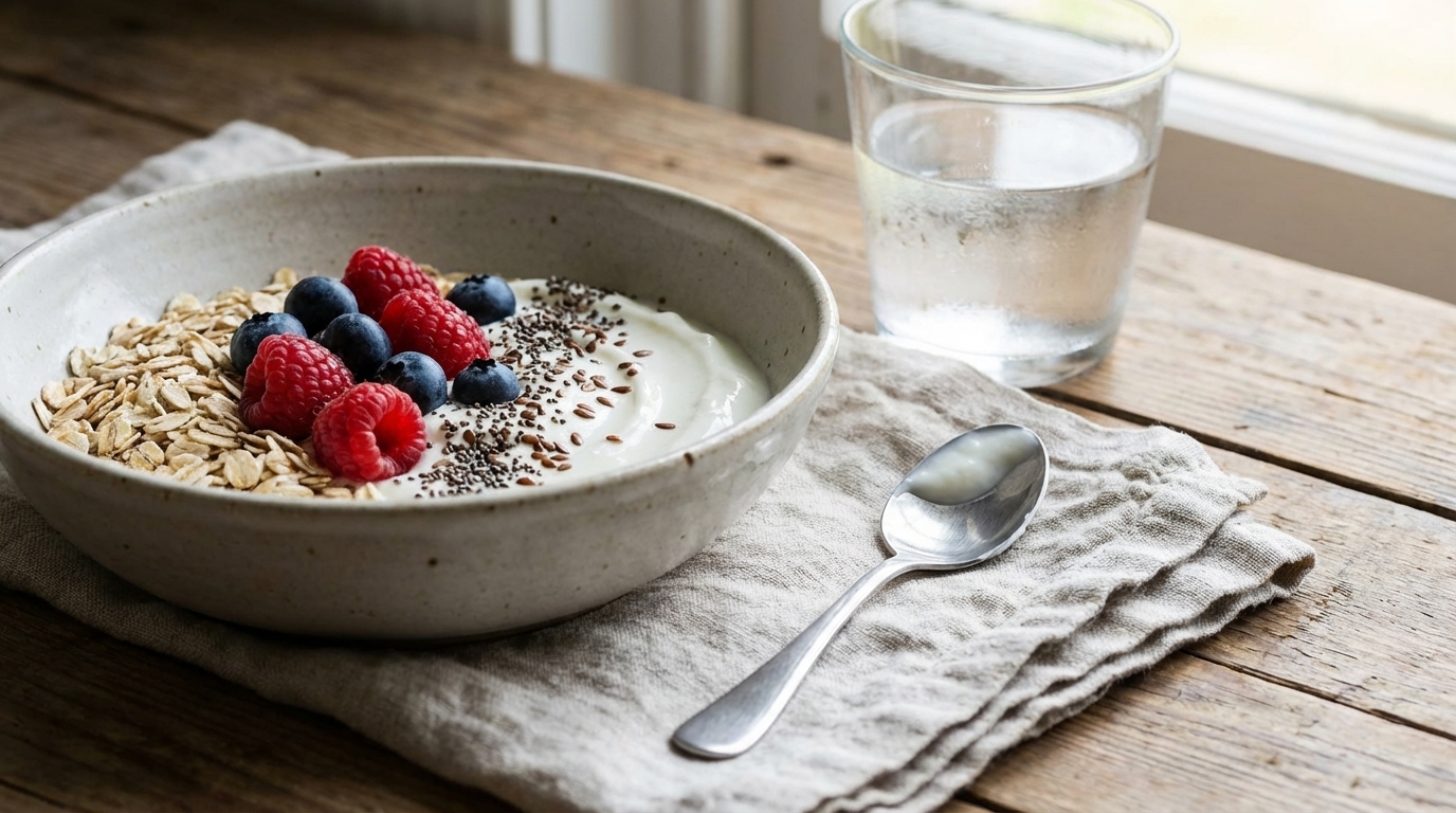 Simple yogurt bowl with oats berries and seeds