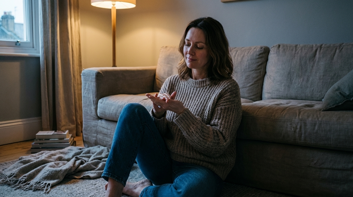 Woman sitting on the floor by a couch in soft evening light