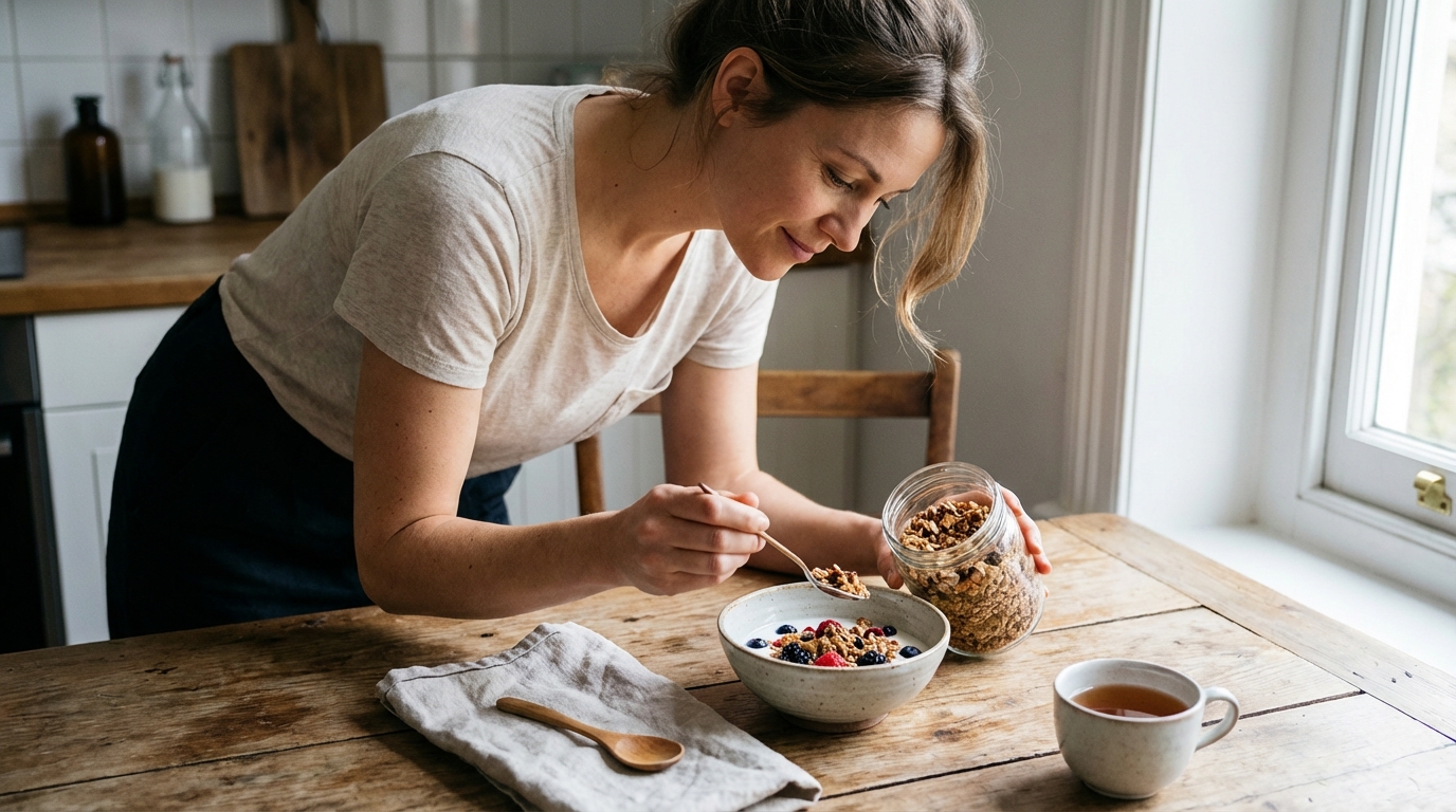 Woman preparing a simple balanced breakfast in daylight