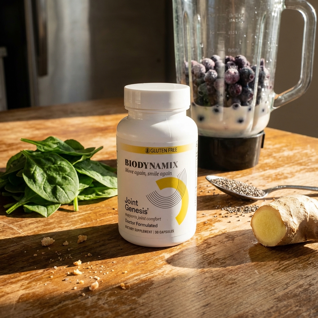 Joint Genesis bottle beside an unopened pasta sauce jar in a warm kitchen