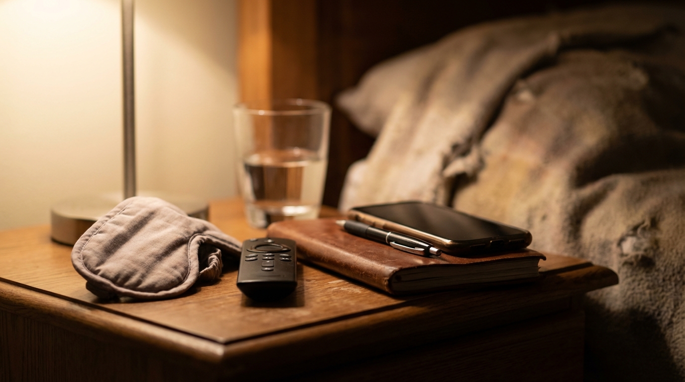 Nightstand with sleep items arranged from many attempts