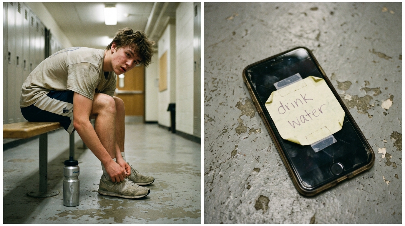 Teen boy tying shoes before practice looking tired but focused