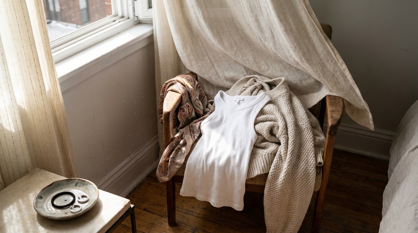 Clothing layers tossed on chair near open window