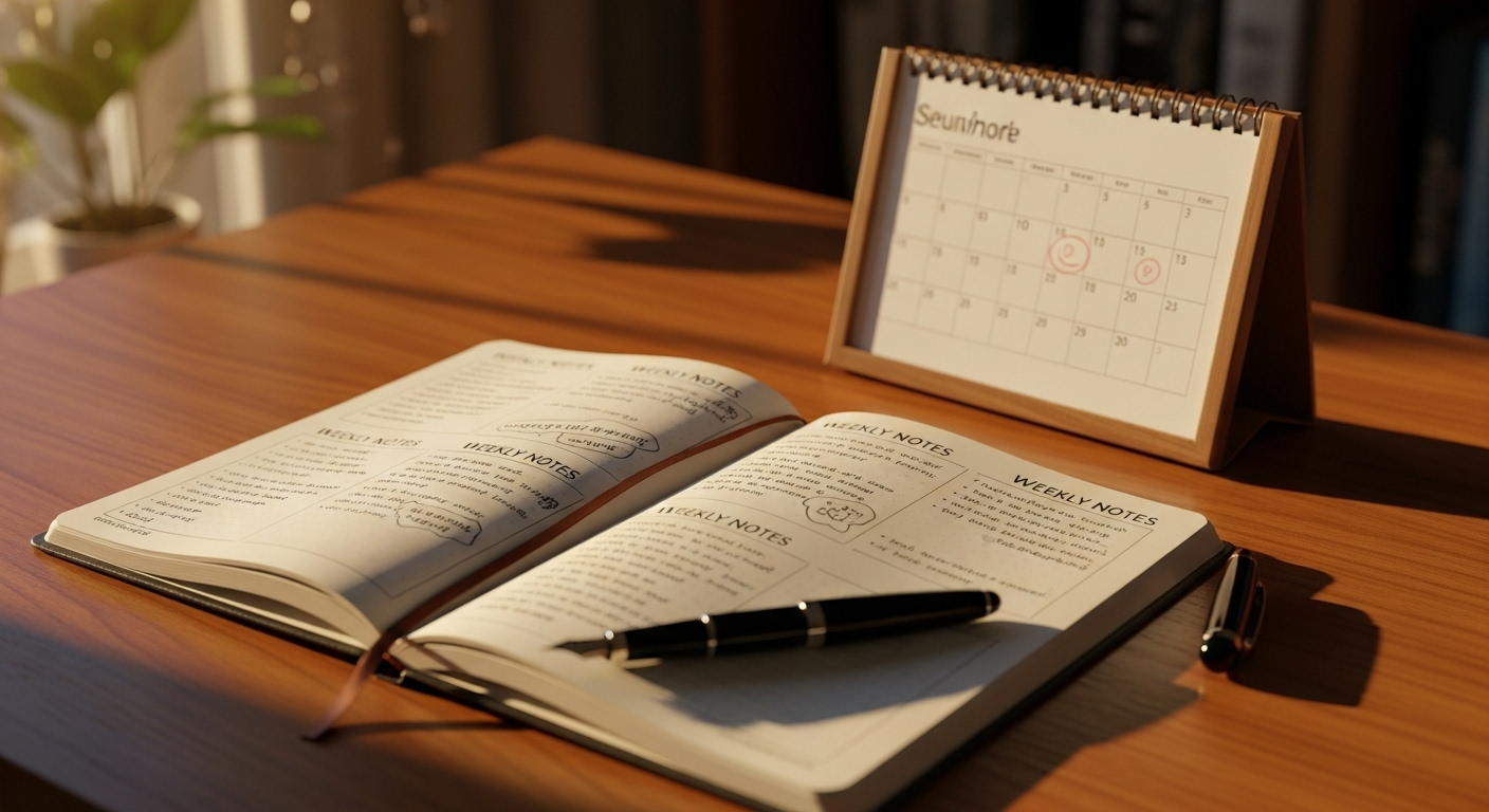 Journal with weekly notes—daily heart health supplements tracking.