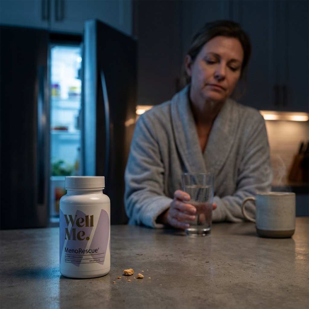 MenoRescue bottle in focus on counter under fridge light at night
