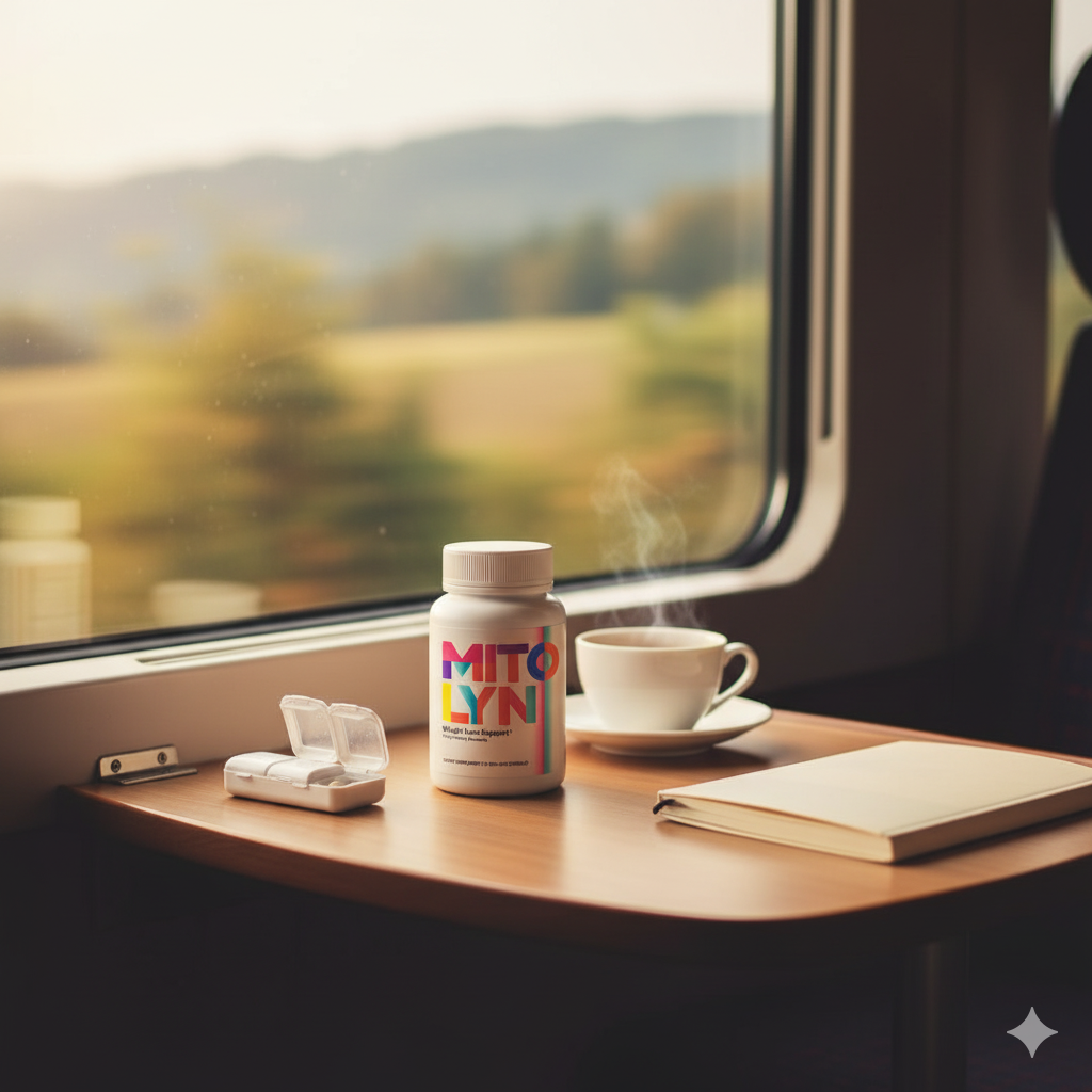 Mitolyn bottle on a train table beside a notebook and tea