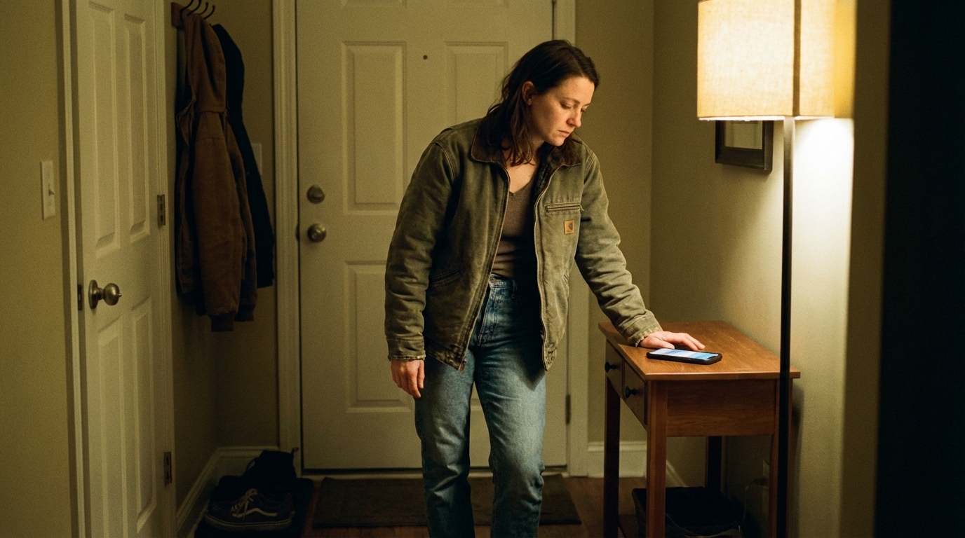 Woman pausing by the door choosing to stay home