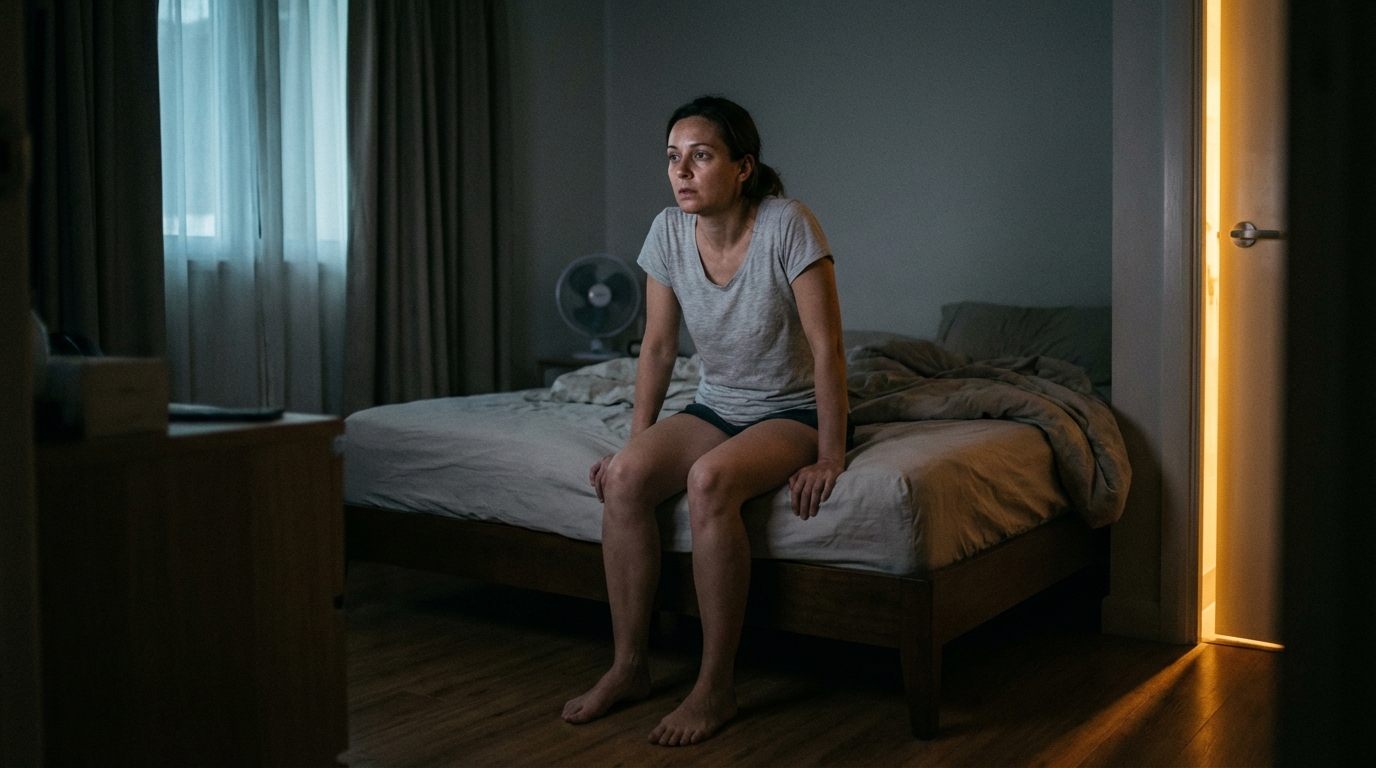 Woman sitting on bed awake in dim room