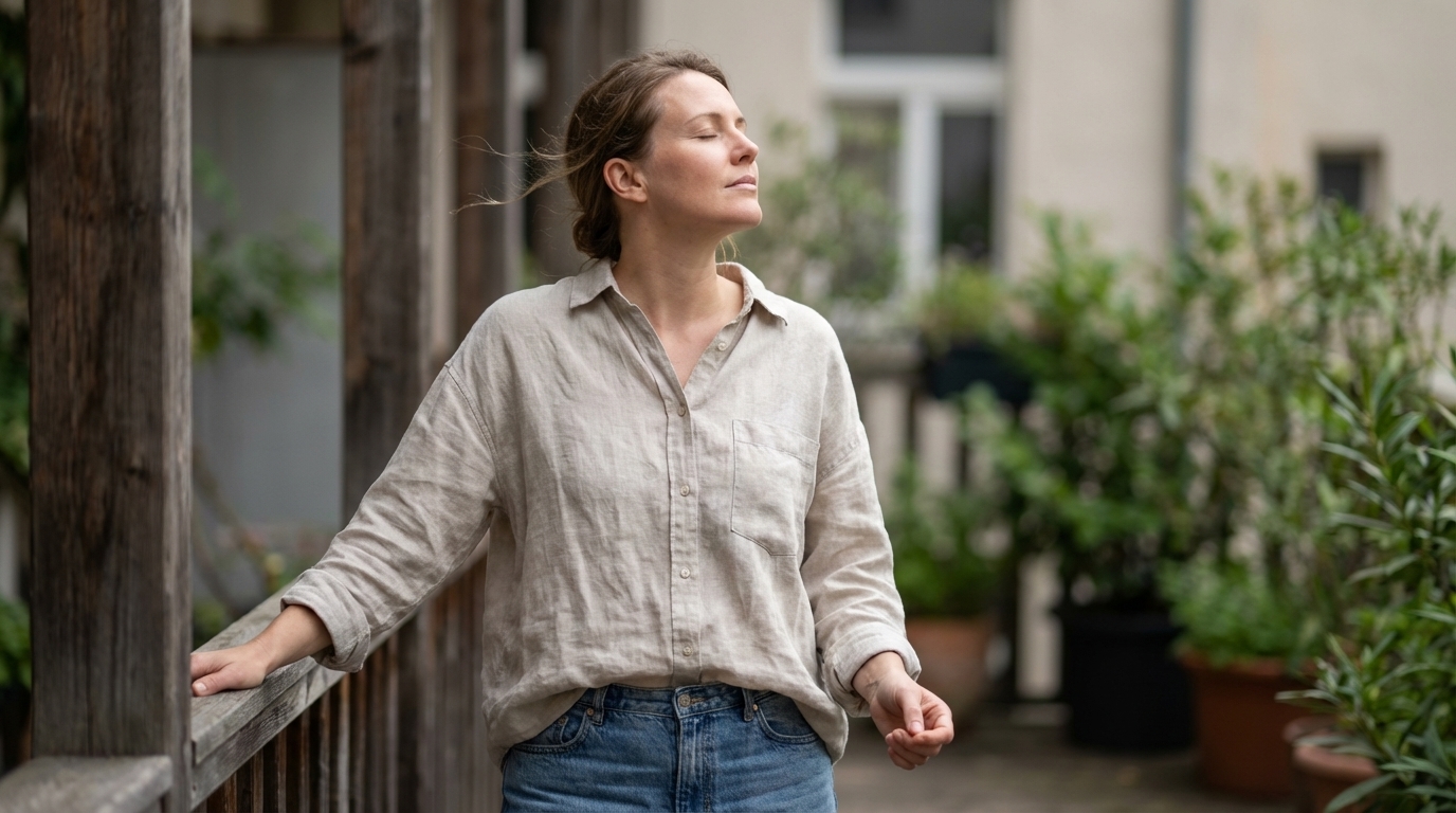 Woman outside with eyes closed taking a slow breath