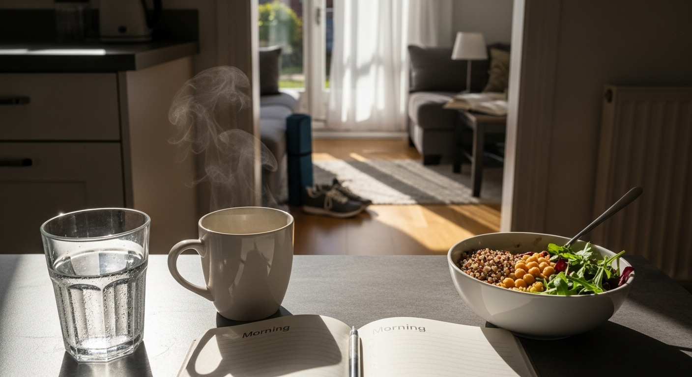 Open home shows morning water, midday movement, and evening wind-down cues for a brain health week rhythm.