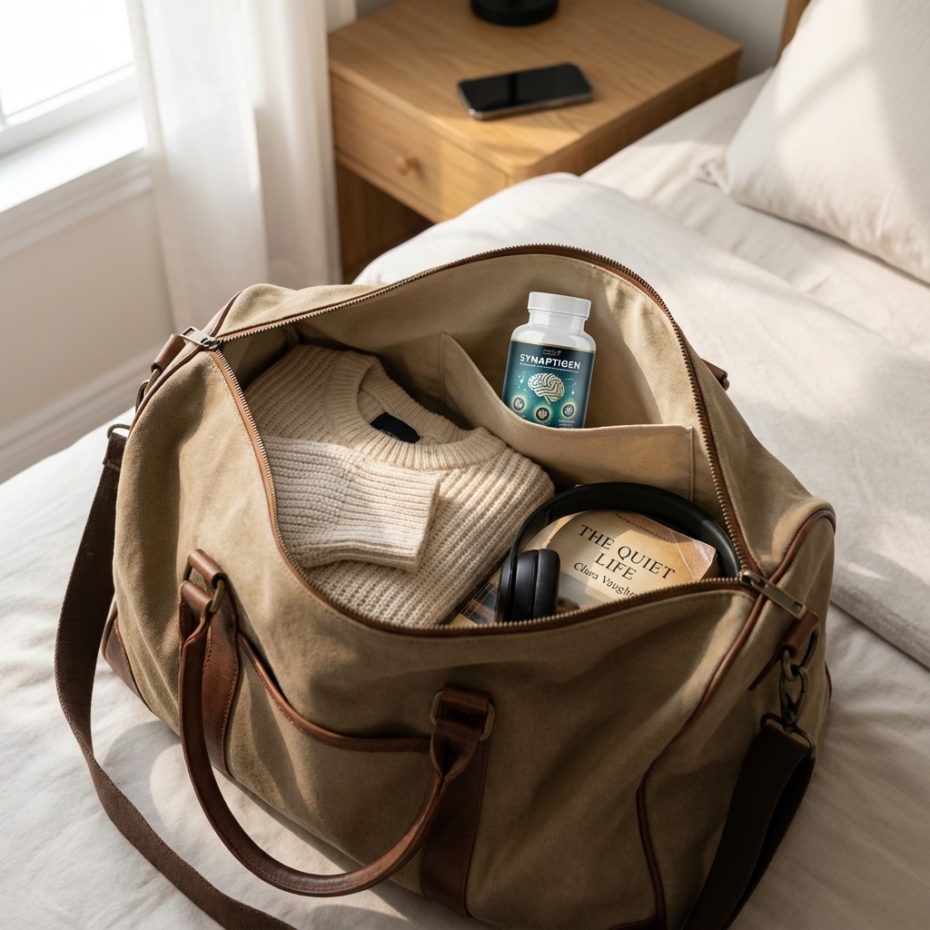 Open weekender bag with clothes, a book, headphones, and a Synaptigen bottle