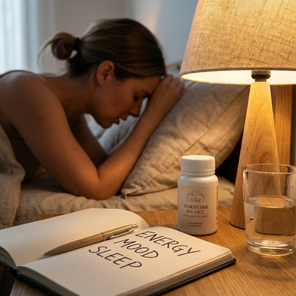 Thyrafemme Balance on a nightstand beside a journal in warm lamplight