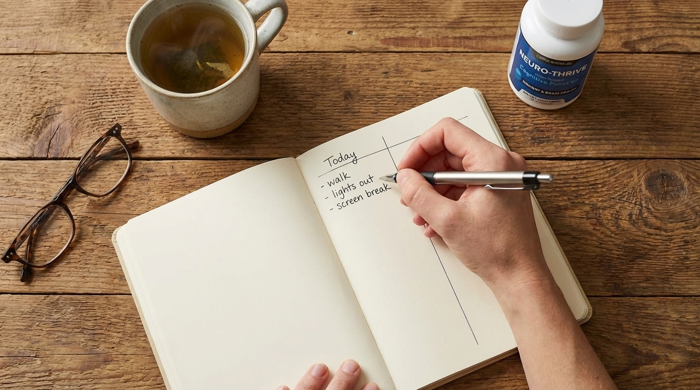 Person sketching a simple daily clarity plan with NeuroThrive resting in the corner of the table.
