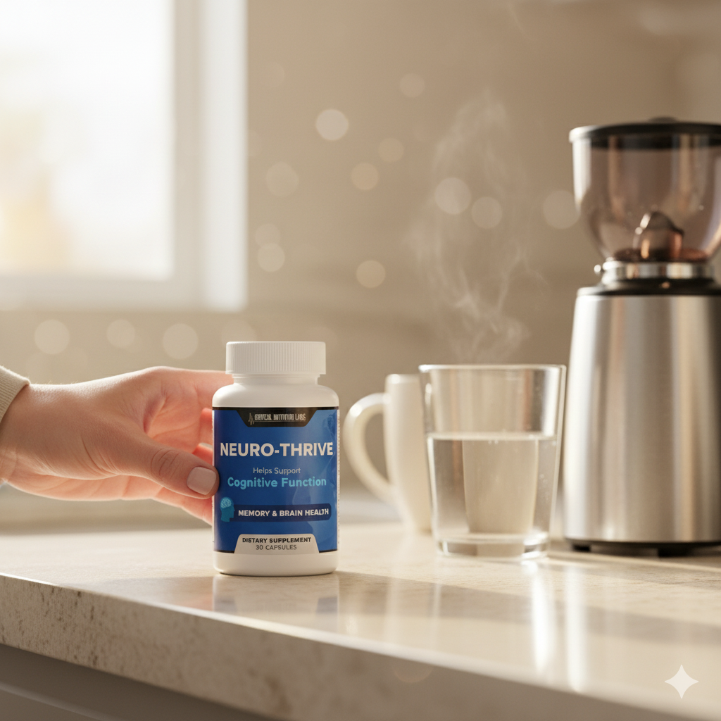 Brain support bottle by coffee grinder for hormonal shifts and mood