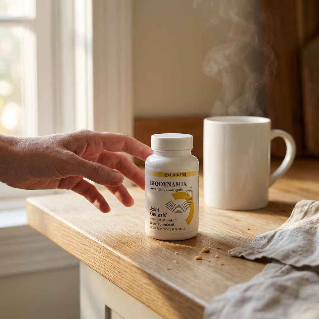 Joint Genesis bottle on kitchen counter in morning light