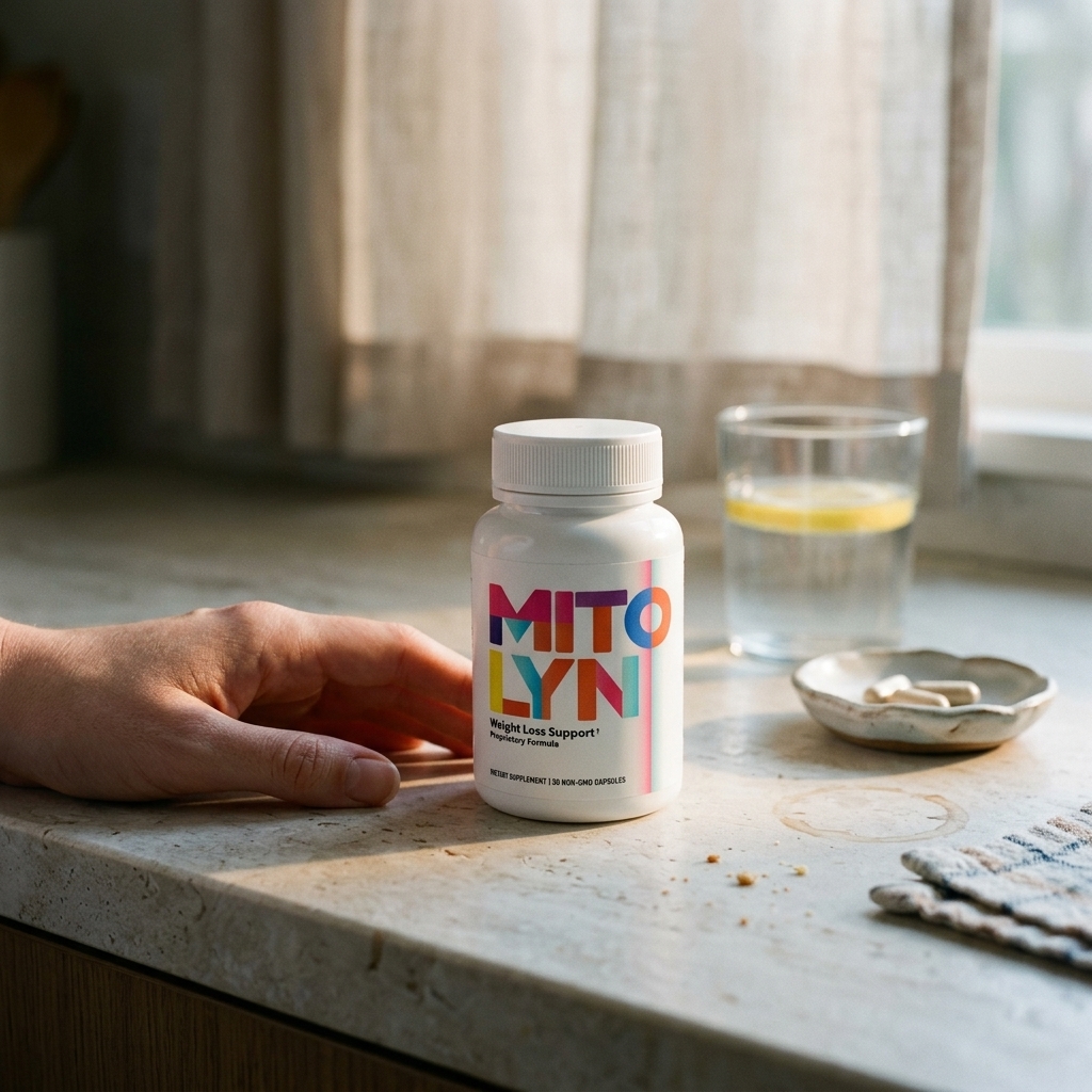 Mitolyn bottle on kitchen counter in soft morning light