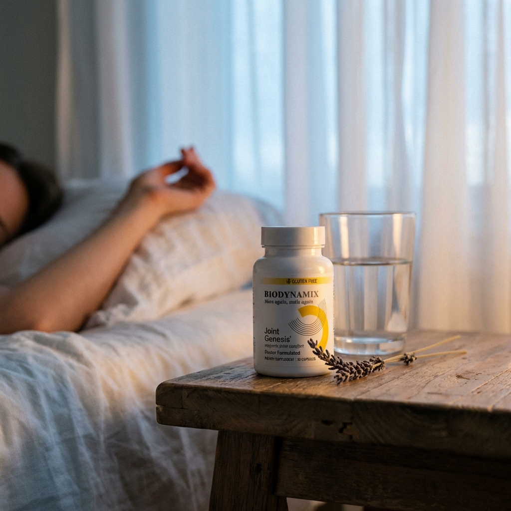 Joint Genesis bottle on bedside table in early dawn light