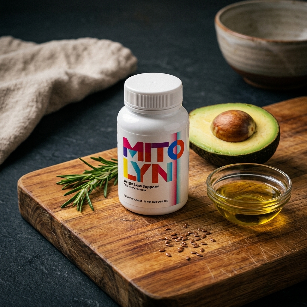 Mitolyn bottle on cutting board with avocado and olive oil in evening light