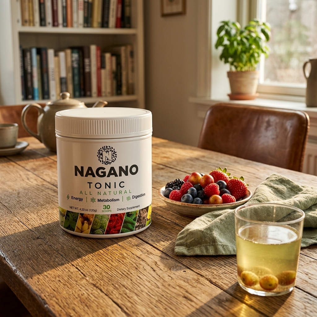 Nagano Lean Body Tonic bottle on a wooden dining table beside berries and a prepared glass in warm late afternoon light