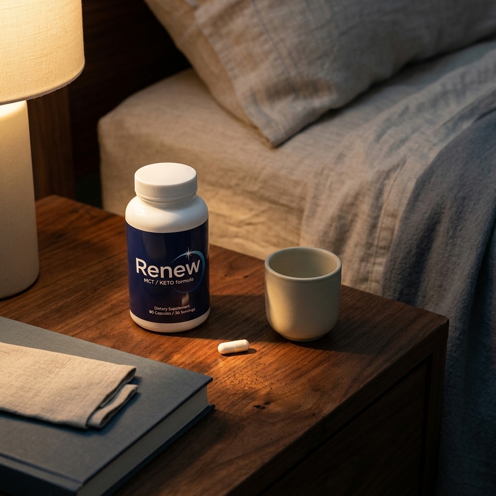 Renew supplement bottle on wooden bedside table in warm lamplight