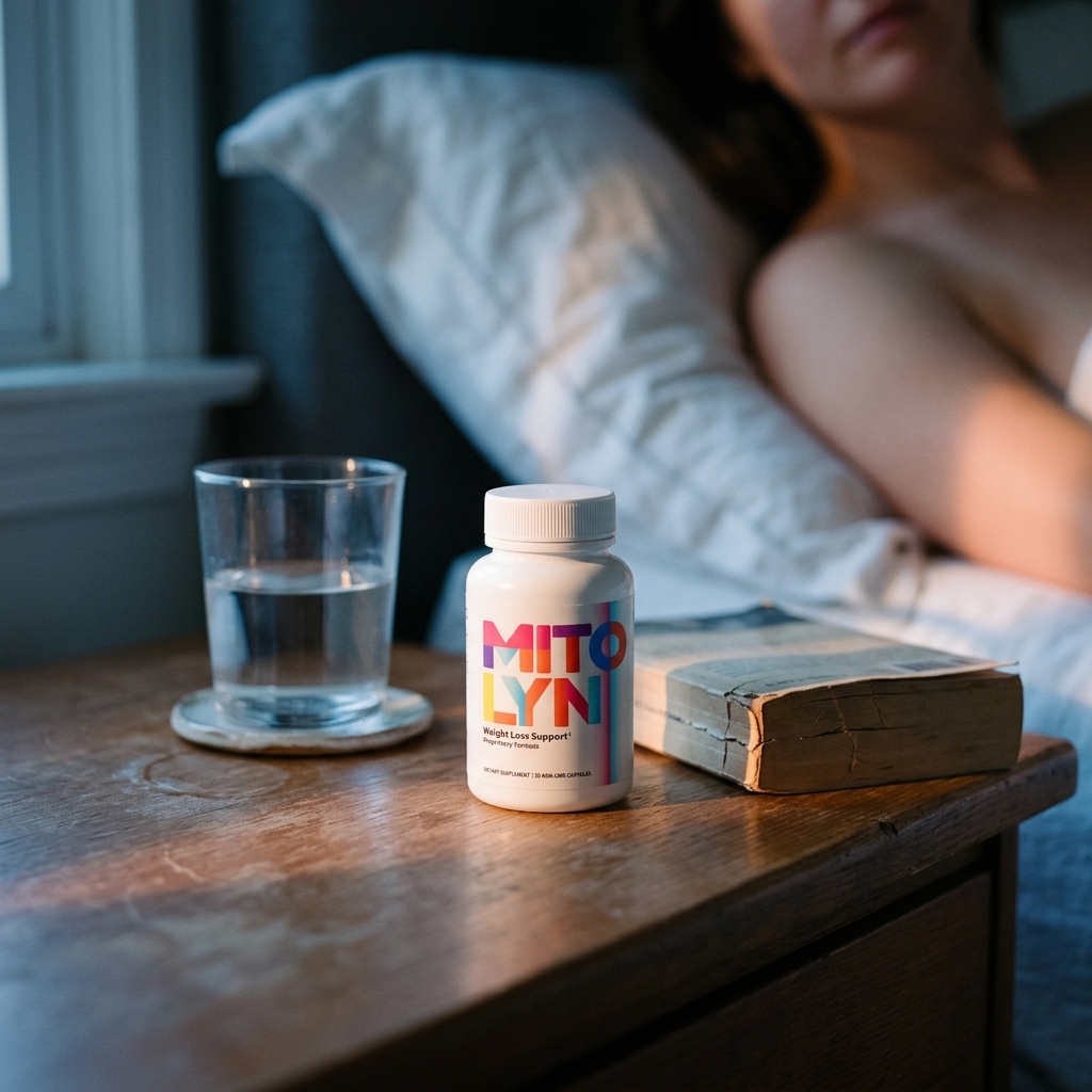 Mitolyn bottle on bedside table in soft dawn light