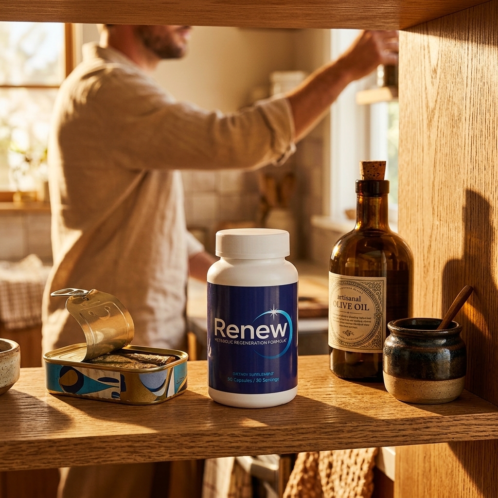 Renew bottle on wooden kitchen shelf with sardines and olive oil in golden light