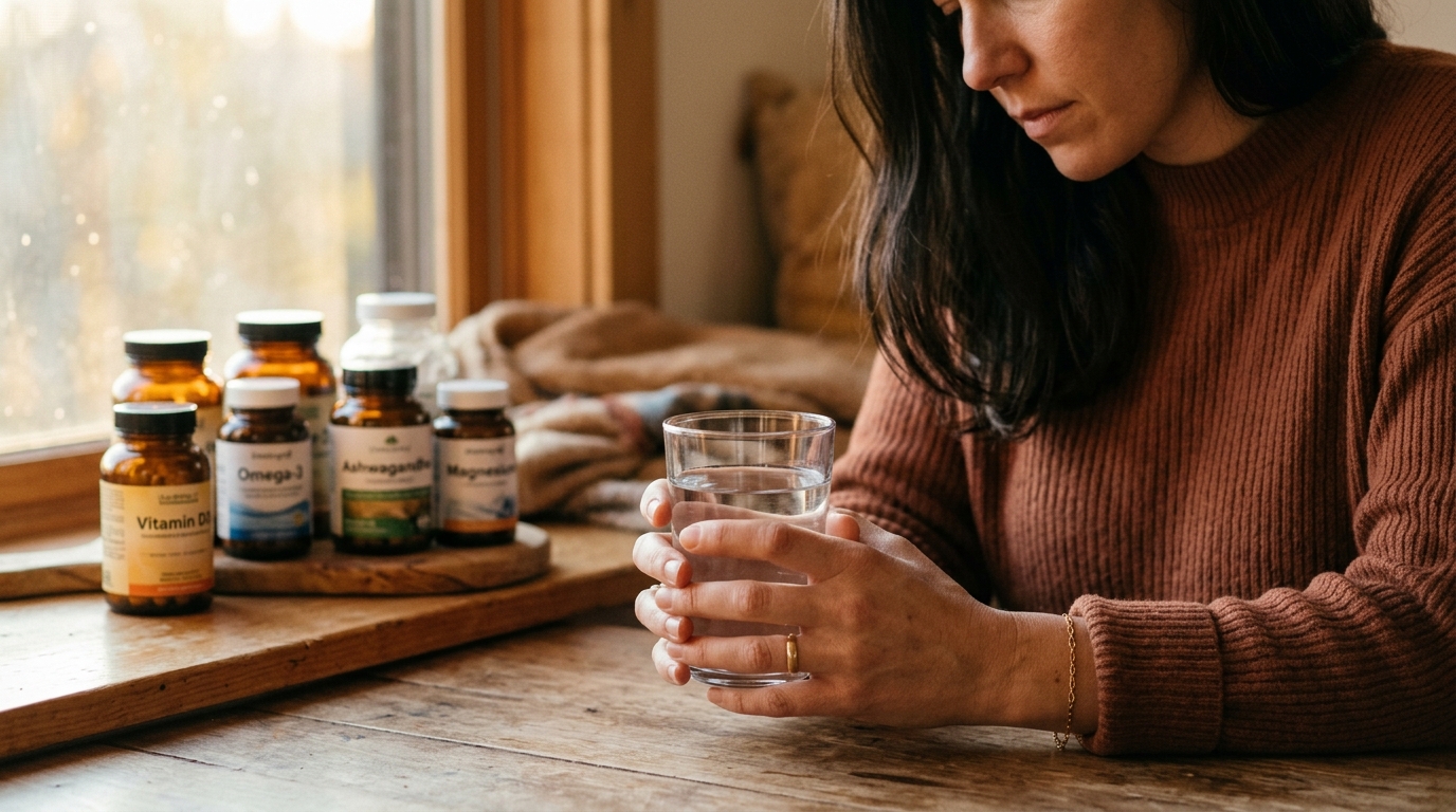 woman hands glass water supplement bottles background