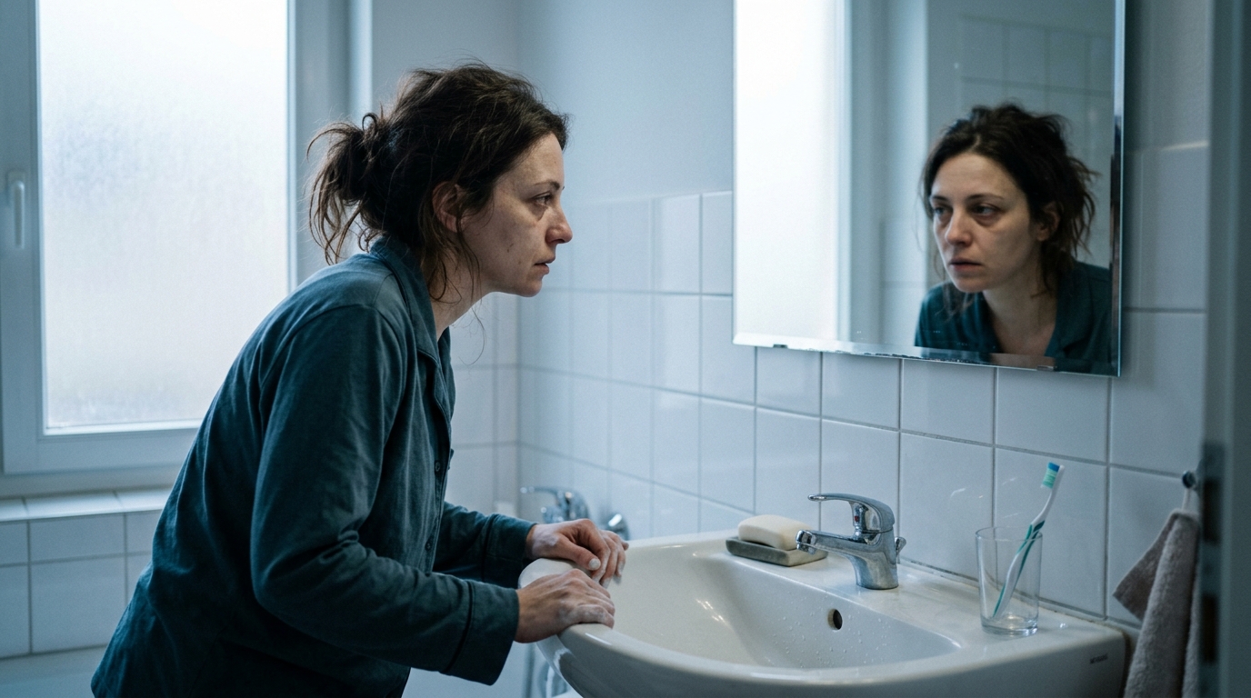 woman tired morning bathroom mirror reflection