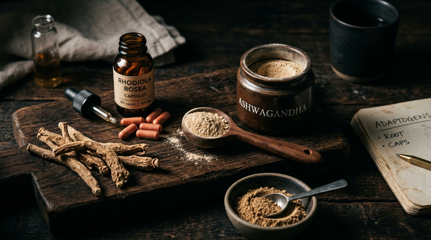 adaptogen herbs supplements wooden surface dramatic lighting