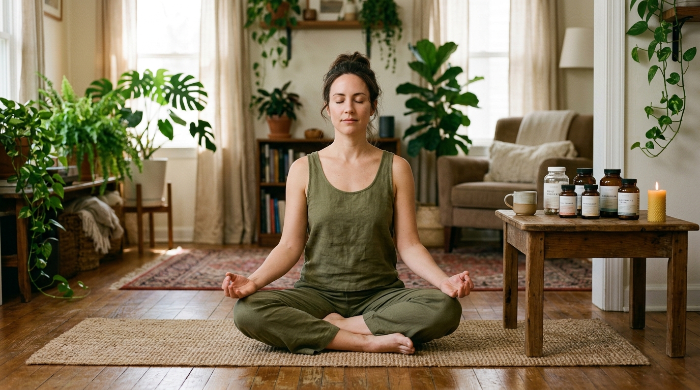 woman meditation pose supplements organized side table