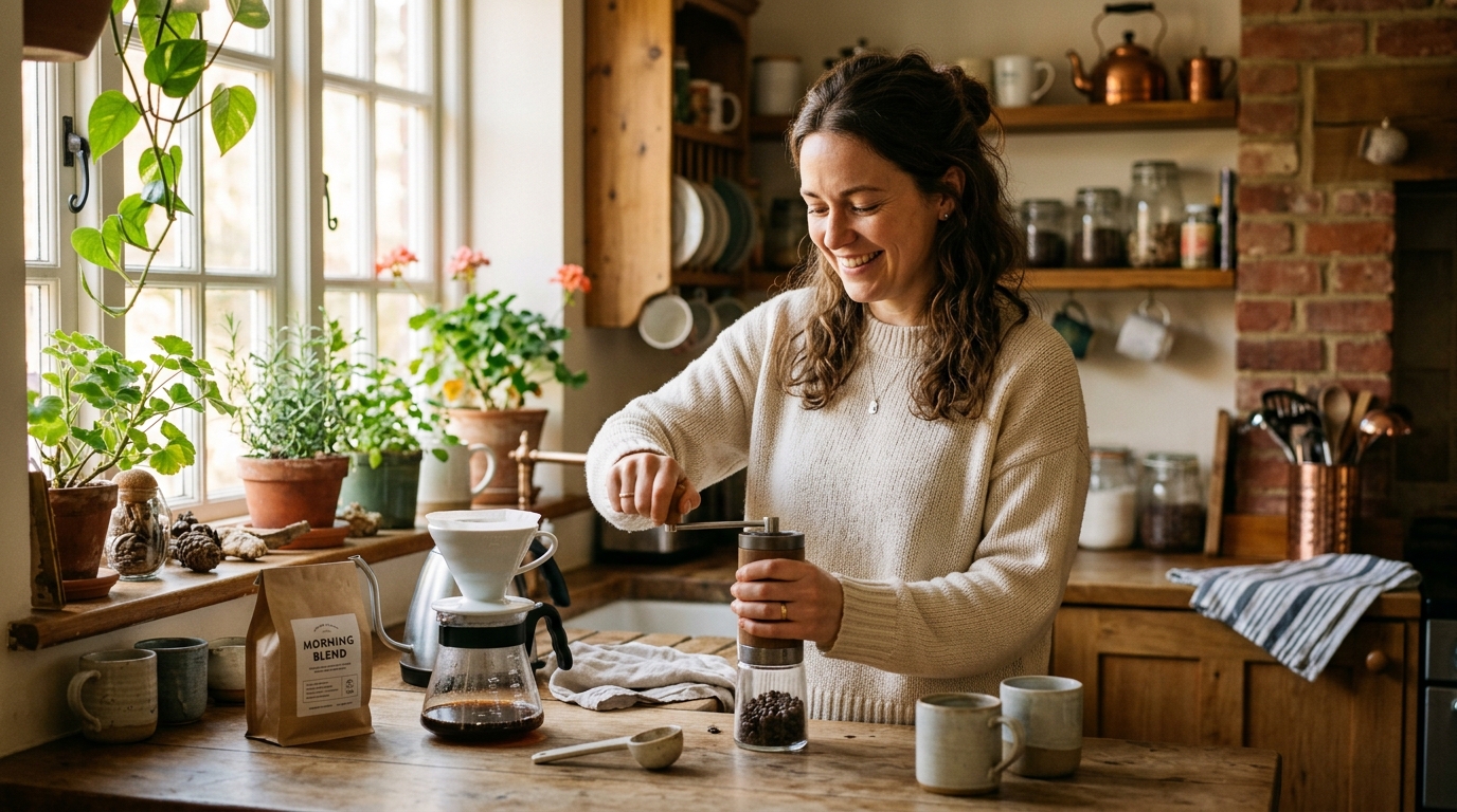 woman making coffee kitchen morning light content smile