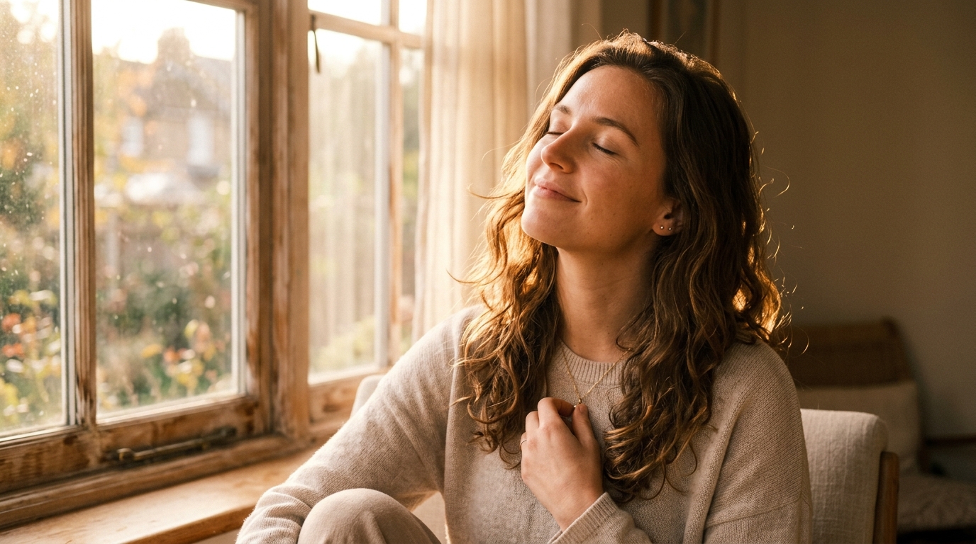 woman portrait sunlight peaceful grateful expression balance