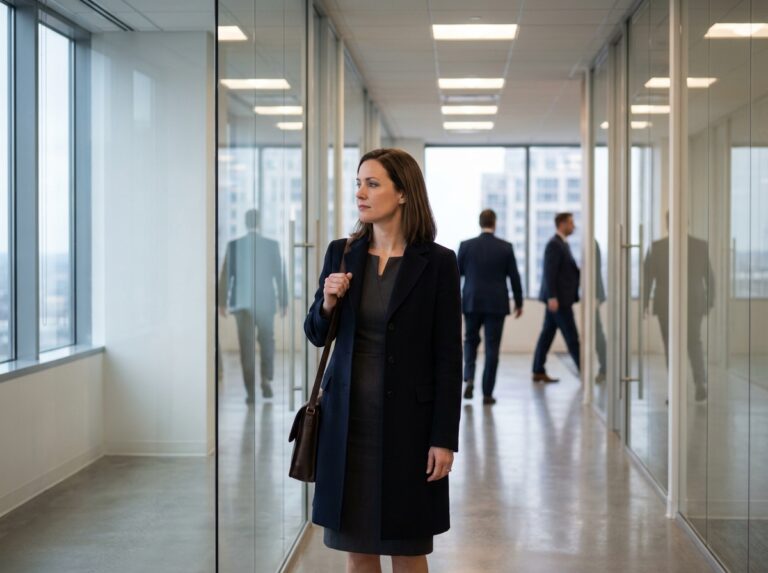 Busy professional pausing in office hallway reflection