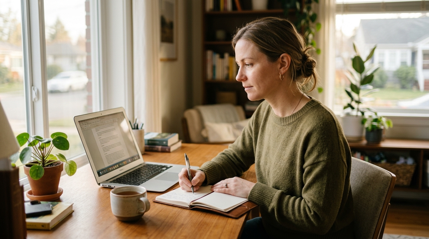 Woman working calmly through afternoon hours