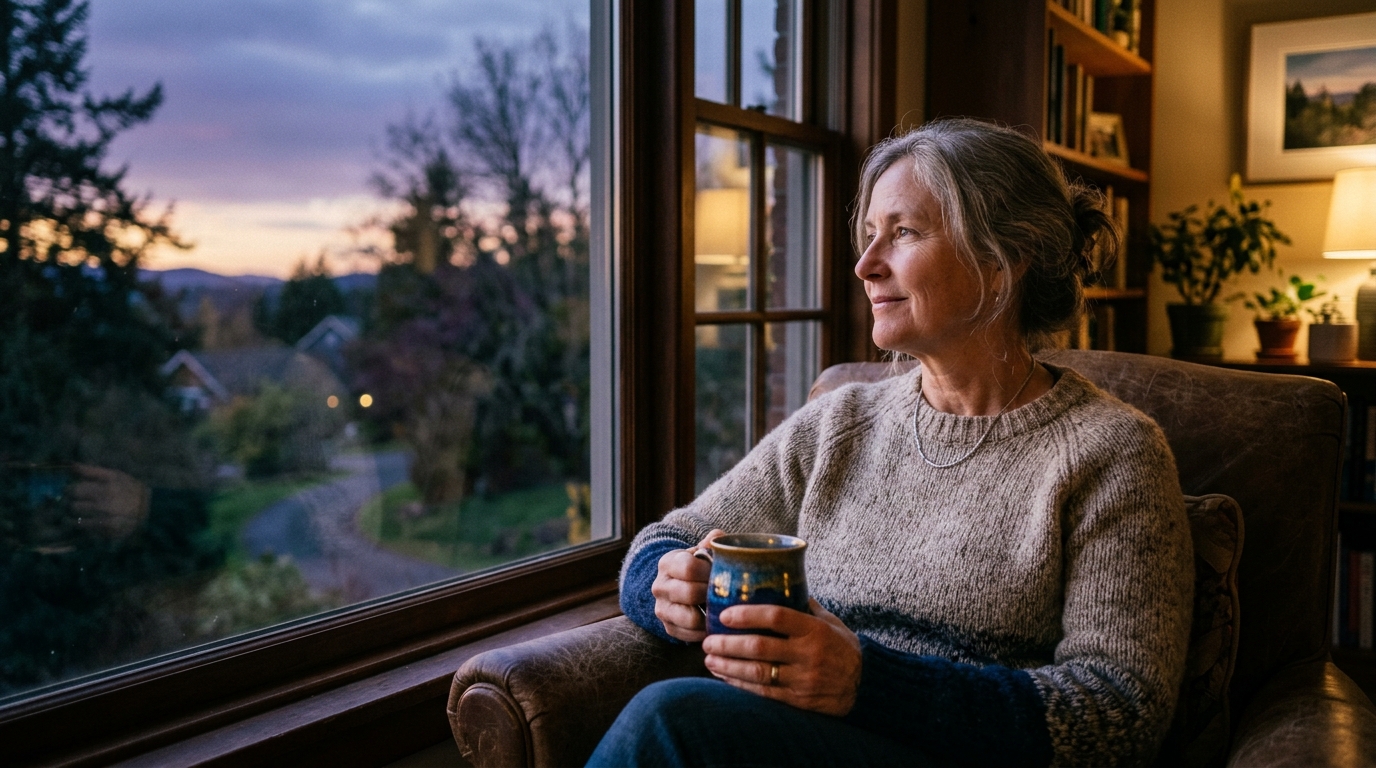 woman peaceful evening reflection balanced rest