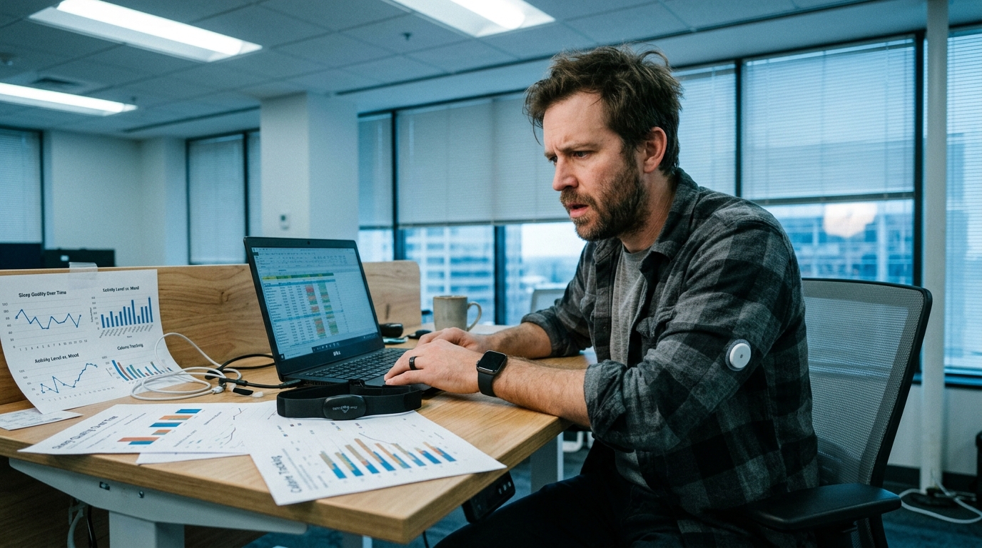 overwhelmed man surrounded by optimization tools and data