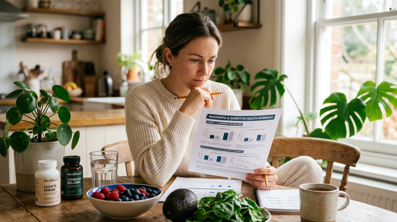 woman researching brain health supplements and nutrition