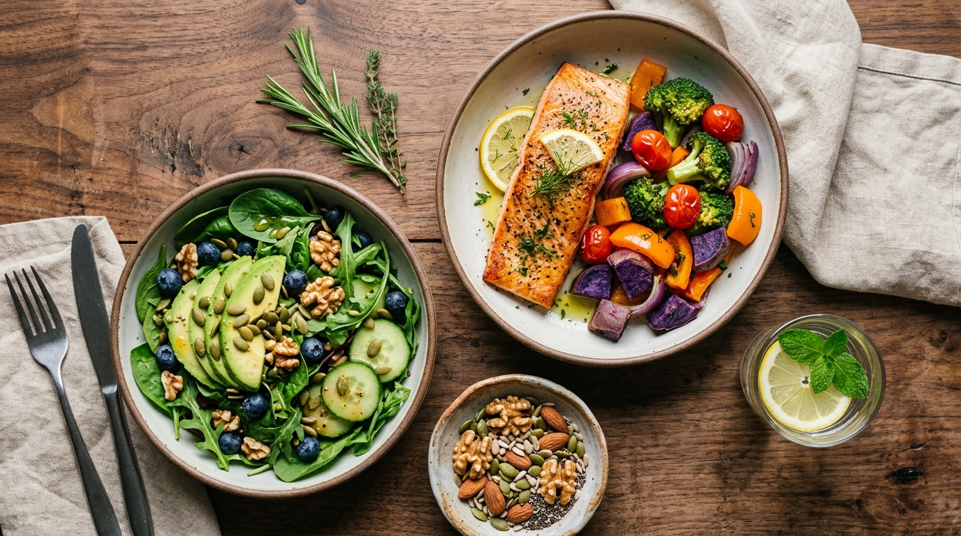 brain healthy meal with salmon vegetables and nuts overhead