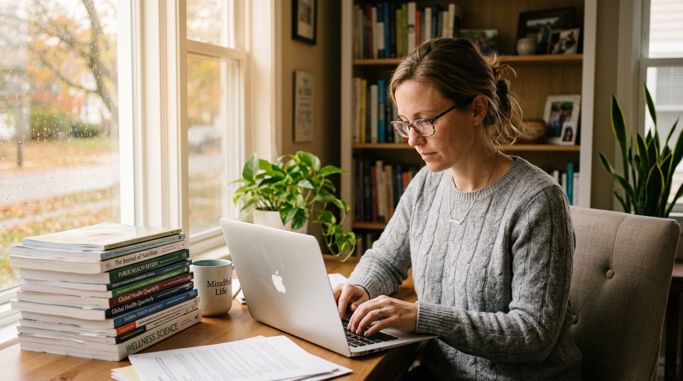 Woman reviewing a simple daily skin support routine at a desk