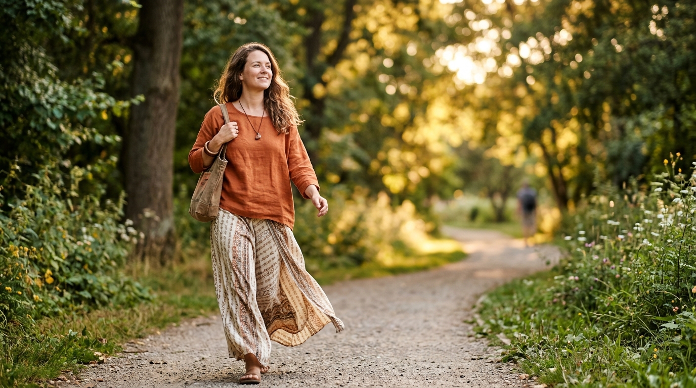 confident woman walking outdoors afternoon light