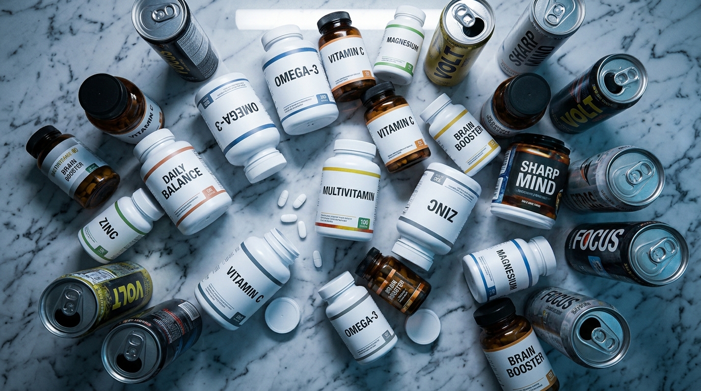 Generic brain supplements scattered on marble surface