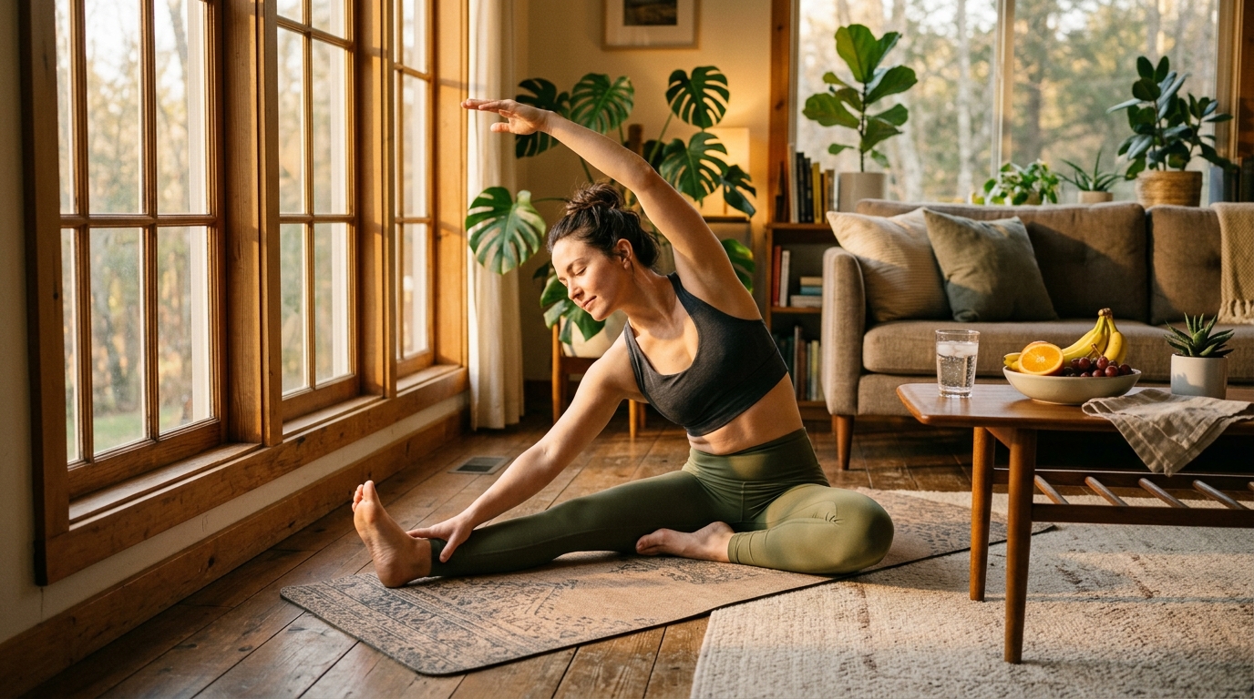 Woman doing morning stretches in natural sunlight