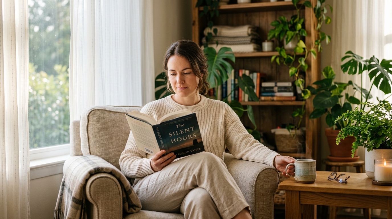 Woman reading peacefully with herbal tea