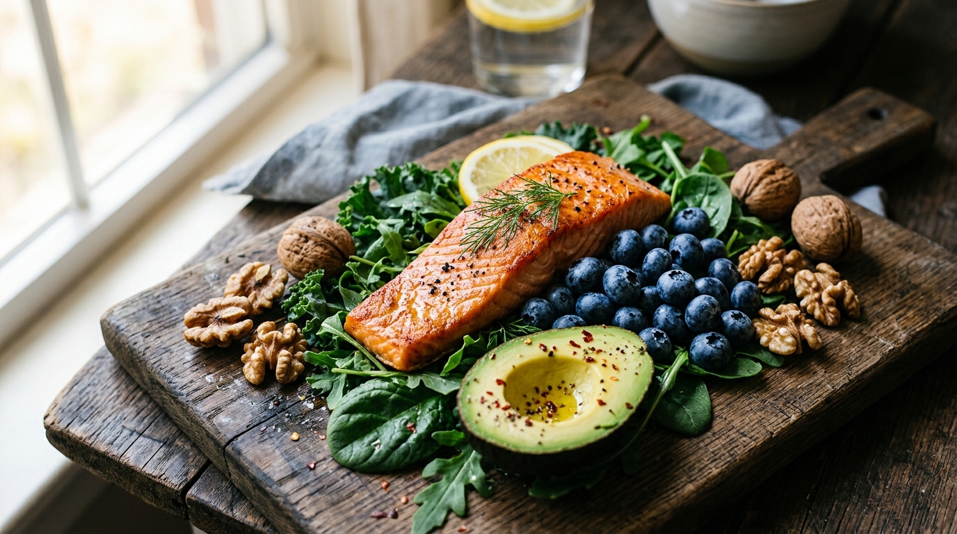 Brain healthy foods arranged on wooden cutting board